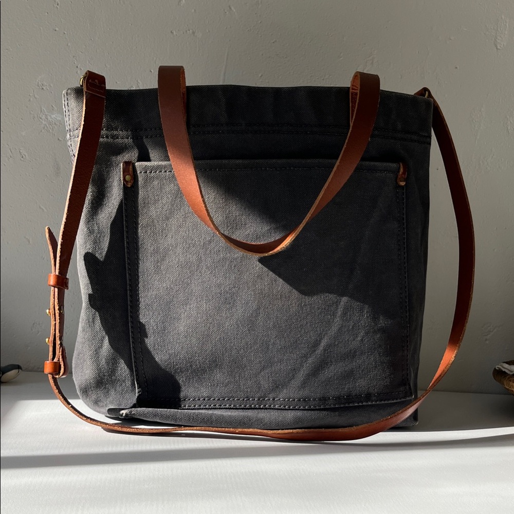 Madewell Blue/Grey Canvas Tote with Brown Leather Straps